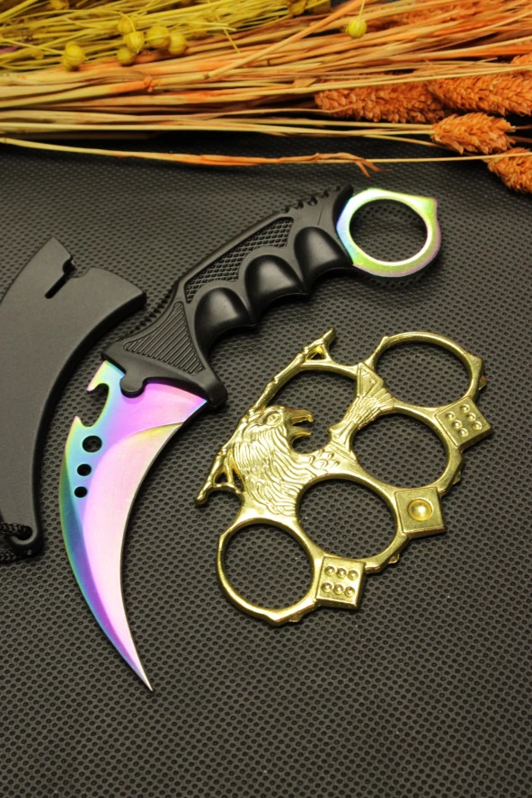 Rainbow Kılıflı Oval Garambit Bıçak ve Gold Kartal Mustalı Set