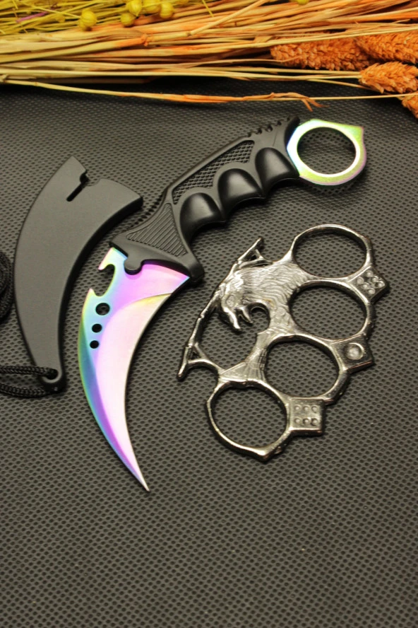 Rainbow Kılıflı Oval Garambit Bıçak ve Gümüş Kartal Mustalı Set