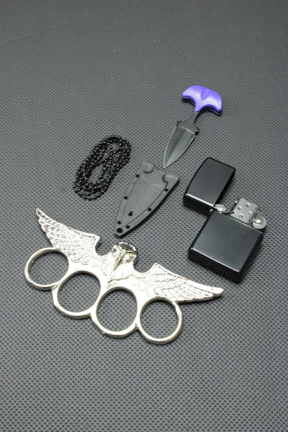 7 cm Ayı Dişi Kolye Çakı ve Gümüş Baykuş Mustali Set