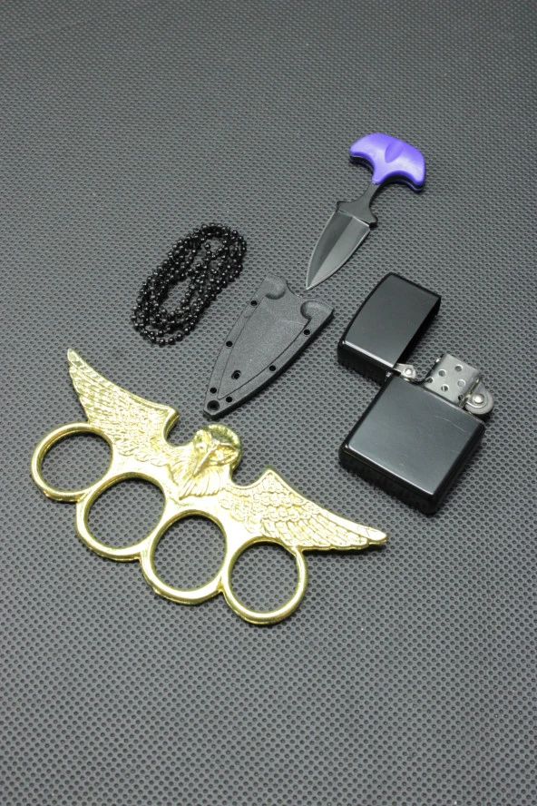 7 cm Ayı Dişi Kolye Çakı ve Gold Baykuş Mustali Set