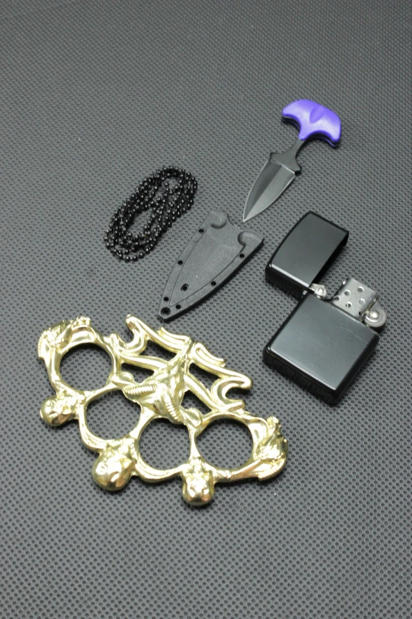 7 cm Ayı Dişi Kolye Çakı ve Gold Boğa Mustali Set