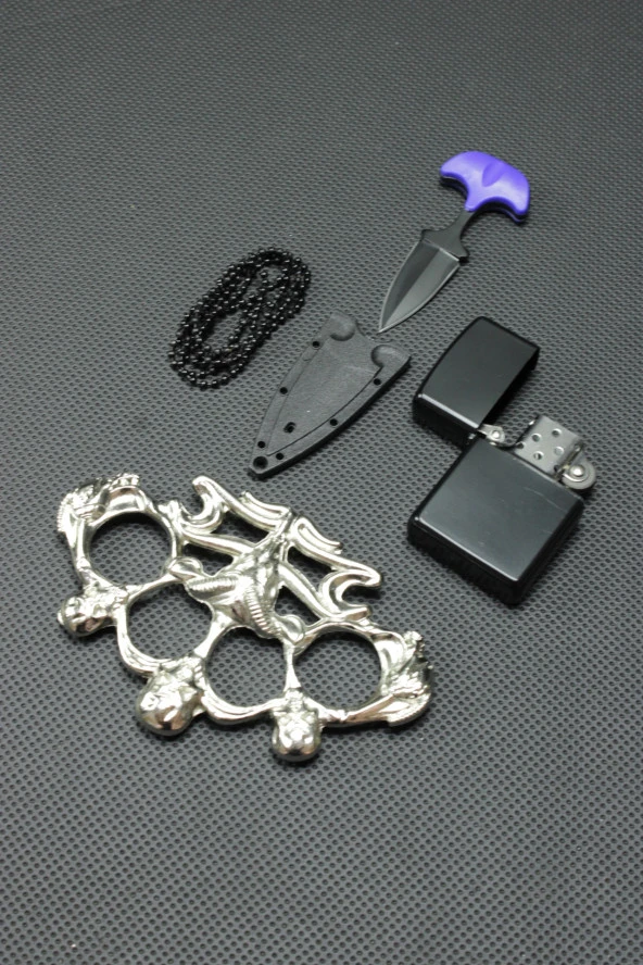 7 cm Ayı Dişi Kolye Çakı ve Gümüş Boğa Mustali Set