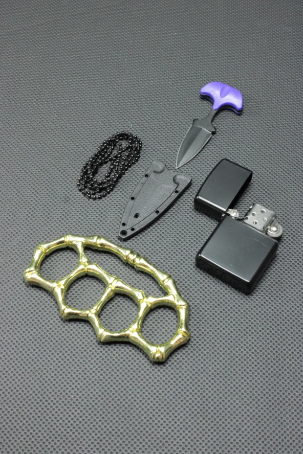7 cm Ayı Dişi Kolye Çakı ve Gold Kemik Mustali Set