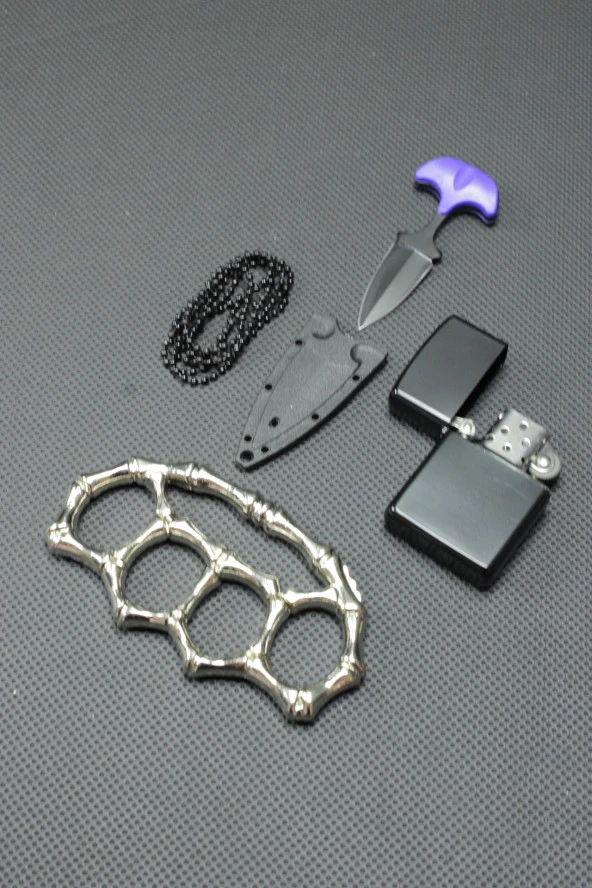 7 cm Ayı Dişi Kolye Çakı ve Gümüş Kemik Mustali Set