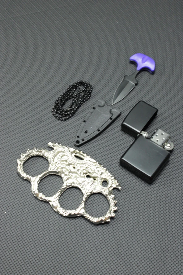 7 cm Ayı Dişi Kolye Çakı ve Gümüş Ejder Mustali Set