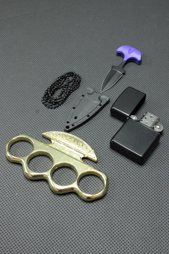 7 cm Ayı Dişi Kolye Çakı ve Gold Body Mustali Set