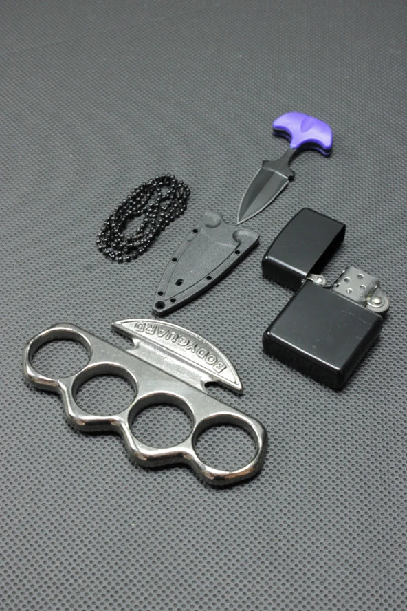 7 cm Ayı Dişi Kolye Çakı ve Gümüş Body Mustali Set
