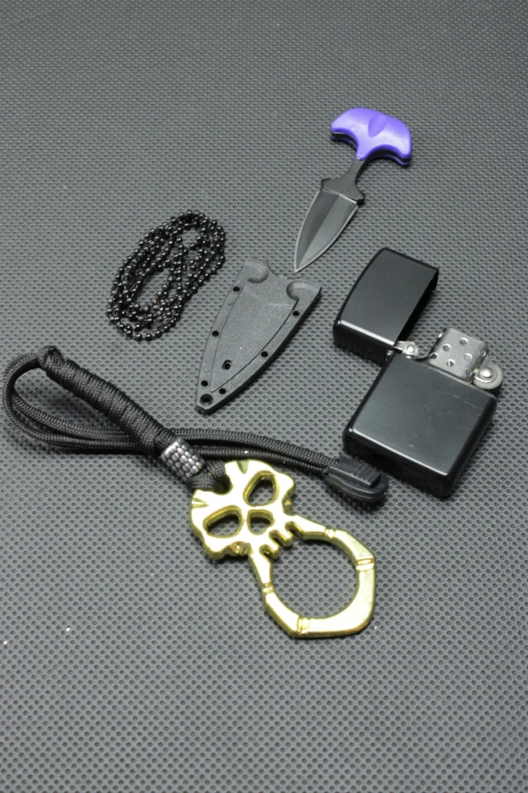 7 cm Ayı Dişi Kolye Çakı ve Gold Parmak İpli Mustali Set