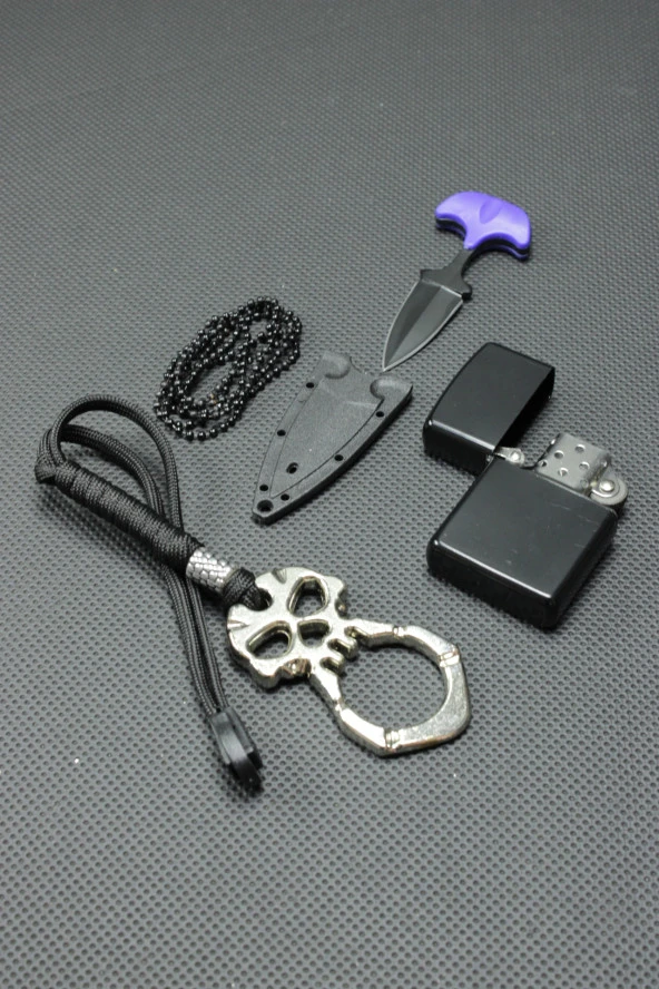 7 cm Ayı Dişi Kolye Çakı ve Gümüş Parmak İpli Mustali Set
