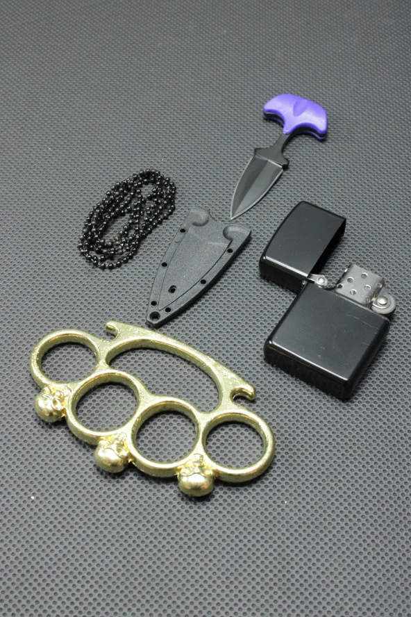 7 cm Ayı Dişi Kolye Çakı ve Gold Kurukafa Mustali Set