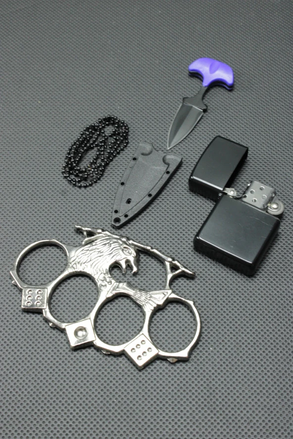 7 cm Ayı Dişi Kolye Çakı ve Gümüş Kartal Mustali Set