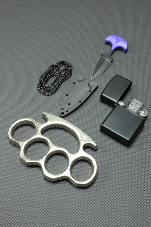 7 cm Ayı Dişi Kolye Çakı ve Gümüş Kalın Mustali Set
