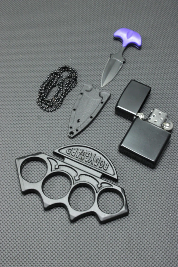 7 cm Ayı Dişi Kolye Çakı ve Siyah Body Mustali Set