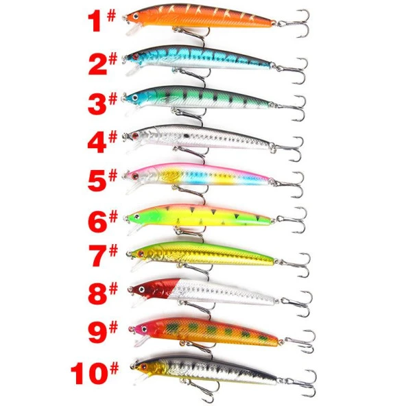 Valkyrie 10 Adet 10cm 9gr Minnow Sahte Olta Yem Seti Rapala 1m Derinlik 10 Farklı Renk Karbon Çelik İğne - 2