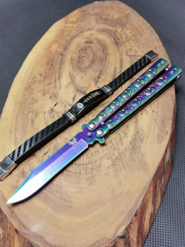21cm Benchmade Gökkuşağı Kuru Kafa Desenli Kelebek ve Bileklik ile