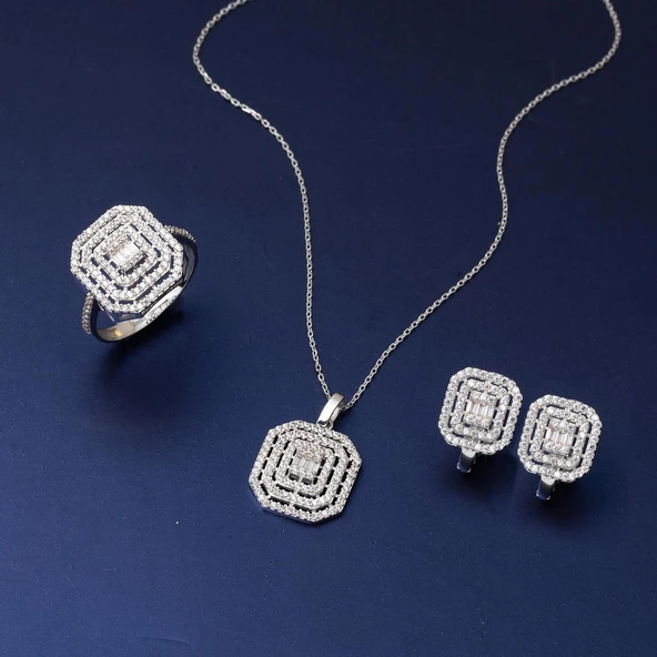 14 Ayar Baget Taşlı Beyaz Altın Set - Resim 2