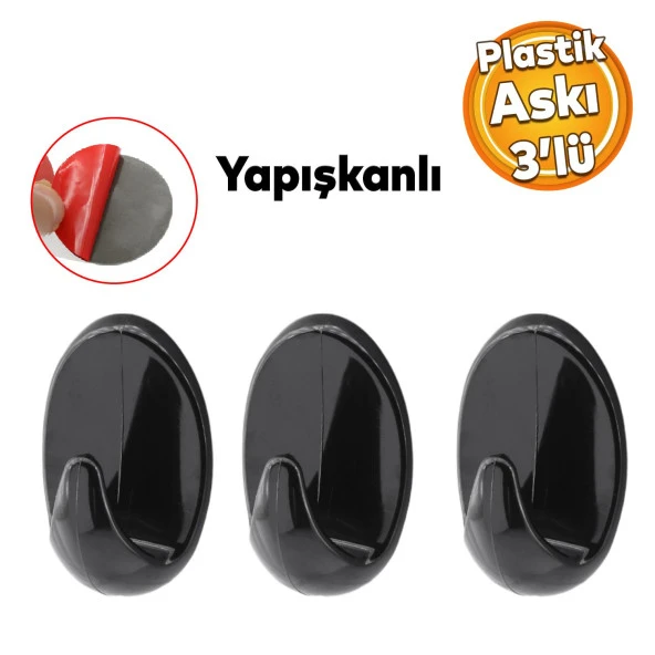 Yapışkanlı Banyo Lavabo Mutfak Askılık Siyah Plastik Sağlam Asma İz Bırakmayan Askı 3 Adetli Set