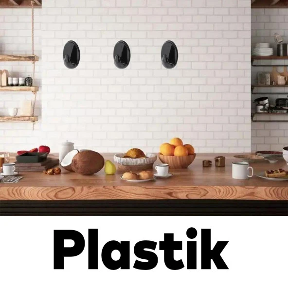 Yapışkanlı Banyo Lavabo Mutfak Askılık Siyah Plastik Sağlam Asma İz Bırakmayan Askı 3 Adetli Set - 6