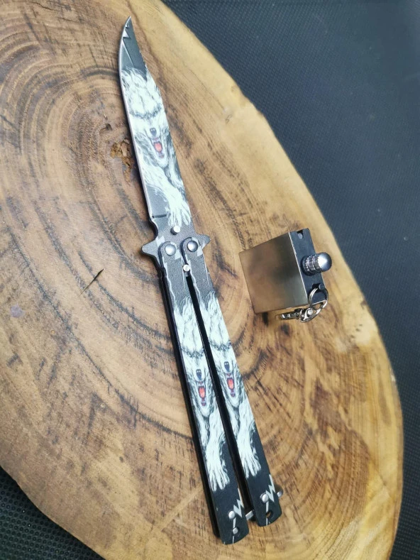 21 cm Beyaz Kurt Kaplamalı Kelebek ve Zippo Kibrit Çakmak