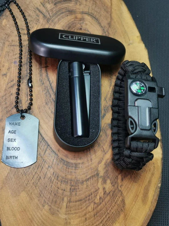 İsme Özel Metal Clipper Çakmak,İpli Pusula Bileklik ve Künye Kolye