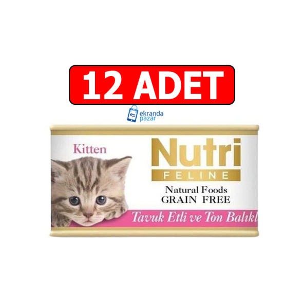 Nutri feline tahılsız tavuk etli ve ton balıklı kitten yavru kedi yaş maması 85grx12Adet konserve