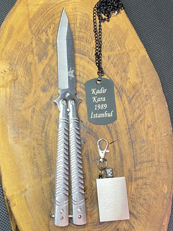 21 cm Gümüş Kelebek Asker Künye ve Zippo Kibrit Seti