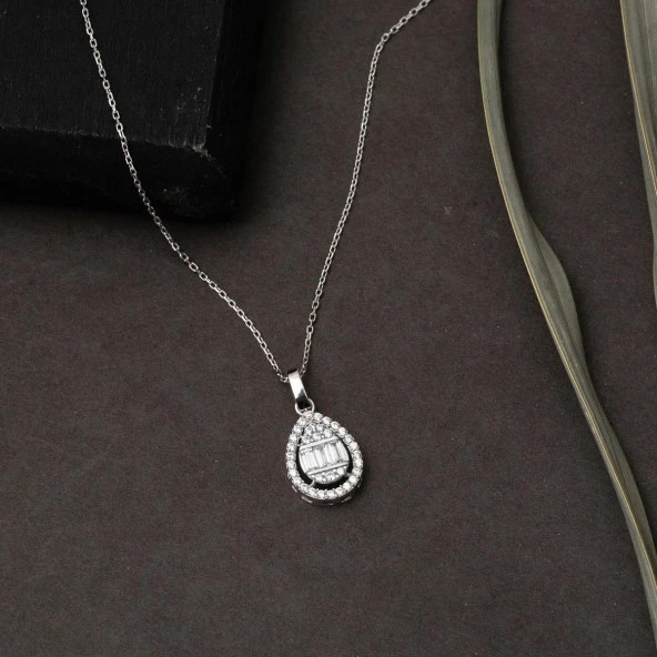 Damla Bagetli 14 Ayar Beyaz Altın Set - Resim 7