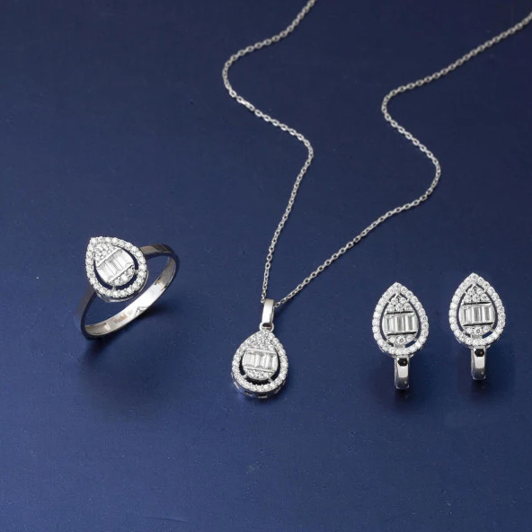 Damla Bagetli 14 Ayar Beyaz Altın Set - Resim 2