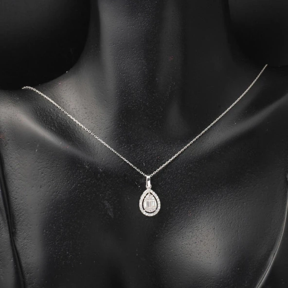 Damla Bagetli 14 Ayar Beyaz Altın Set - Resim 4