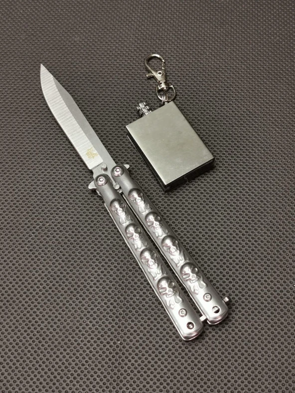17 cm Kuru Kafa Gümüş Gravürlü Kelebek Sallama Kamp Çakısı