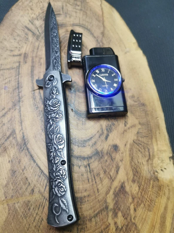 İsme Özel Gravür İşelemli Çakı ve Saatli 1 Torch Çakmak