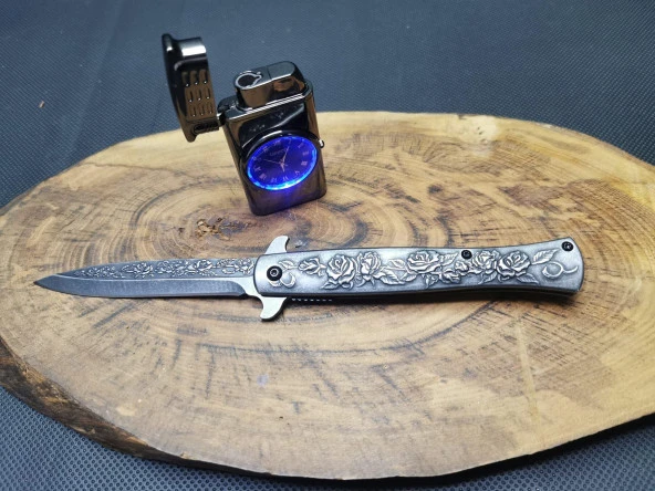İsme Özel Gravür İşlemeli Çakı ve Saatli 1 Torch Çakmak Set