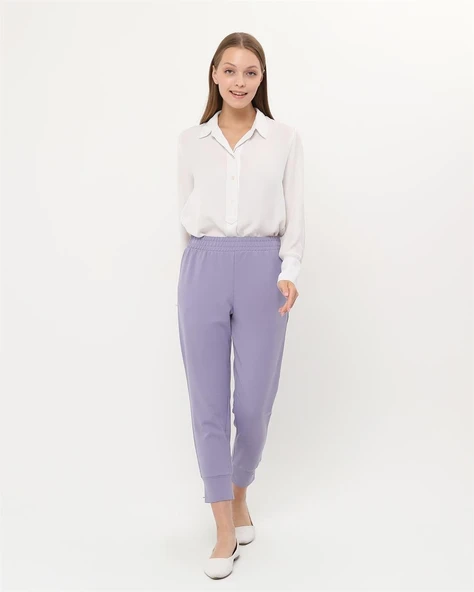 Step Paçası Manşetli Beli Lastikli Pantolon - (38-46) - 71125 - Lila