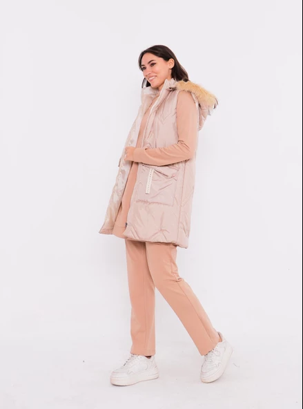 Sarah Kapşonlu Şişme Yelekli Spor Üçlü Takım - 70030.026 - Bej - Resim 2