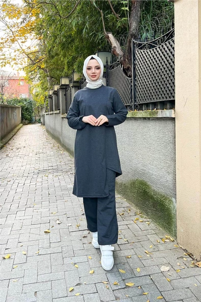 Kruvaze Bisiklet Yaka Sade Basic Tunik Panolon İkili Takım - 03076.017 - Antrasit