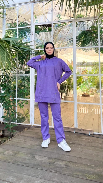 Kapşonlu Çıtçıt Detaylı Kısa Sweat Pantolon İkili Tesettür Eşofman Takımı - 03079.207 - Koyu Lila ürün görseli