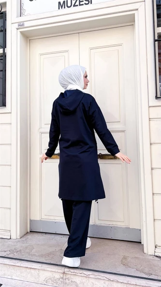 Kapşonlu Yırtmacı Bağcık Detaylı Pamuklu Tesettür Eşofman Takımı - (38-46) - 71168 - Lacivert - Resim 8