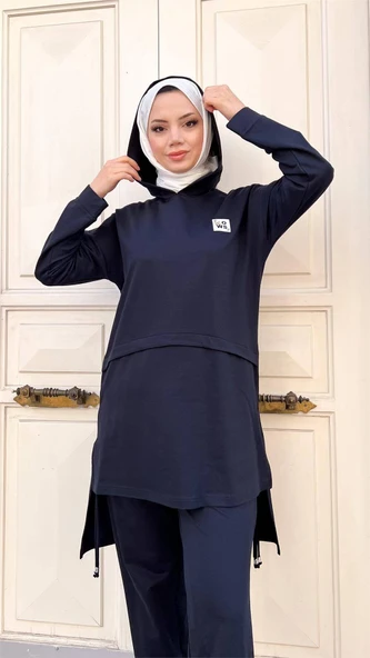 Kapşonlu Yırtmacı Bağcık Detaylı Pamuklu Tesettür Eşofman Takımı - (38-46) - 71168 - Lacivert - Resim 3
