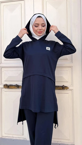 Kapşonlu Yırtmacı Bağcık Detaylı Pamuklu Tesettür Eşofman Takımı - (38-46) - 71168 - Lacivert - Resim 2