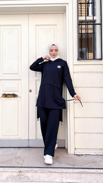 Kapşonlu Yırtmacı Bağcık Detaylı Pamuklu Tesettür Eşofman Takımı - (38-46) - 71168 - Lacivert - Resim 10