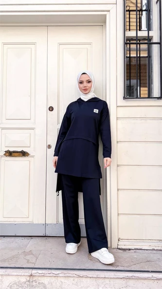 Kapşonlu Yırtmacı Bağcık Detaylı Pamuklu Tesettür Eşofman Takımı - (38-46) - 71168 - Lacivert - Resim 11