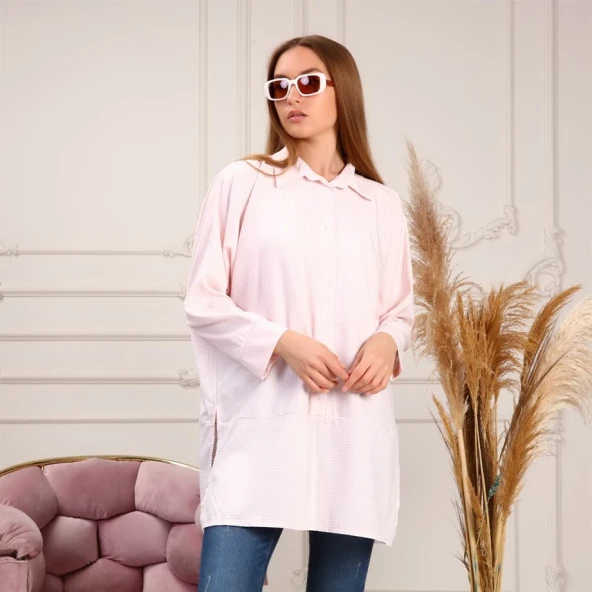 Yırtmaç Detaylı Uzun Kollu Sade Basic Gömlek - 70042.037 - Somon - 2