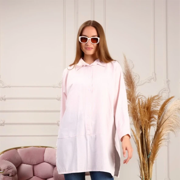 Yırtmaç Detaylı Uzun Kollu Sade Basic Gömlek - 70042.037 - Somon - 3