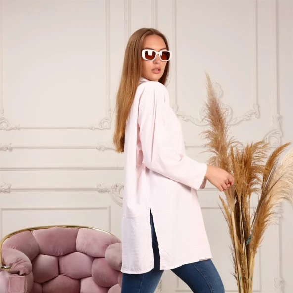 Yırtmaç Detaylı Uzun Kollu Sade Basic Gömlek - 70042.037 - Somon - 4