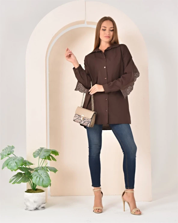 Bohem Dantel Detaylı Gömlek - SS-0026 - Kahverengi - 2