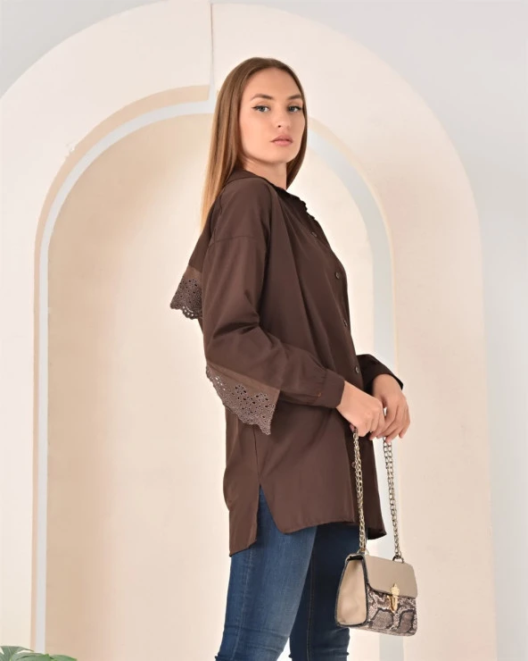 Bohem Dantel Detaylı Gömlek - SS-0026 - Kahverengi - 3