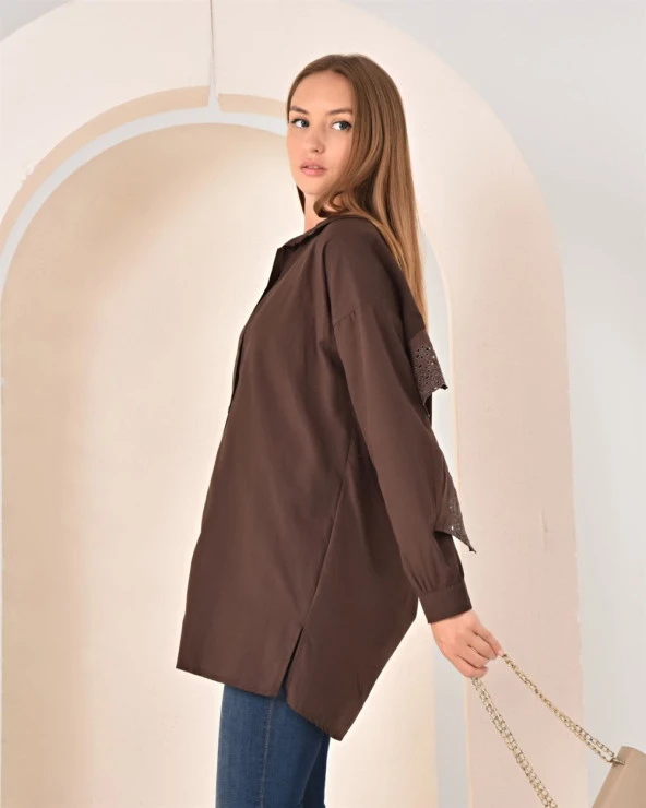 Bohem Dantel Detaylı Gömlek - SS-0026 - Kahverengi - 4