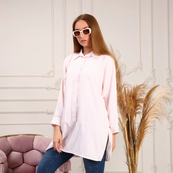 Yırtmaç Detaylı Uzun Kollu Sade Basic Gömlek - 70042.037 - Somon - 5