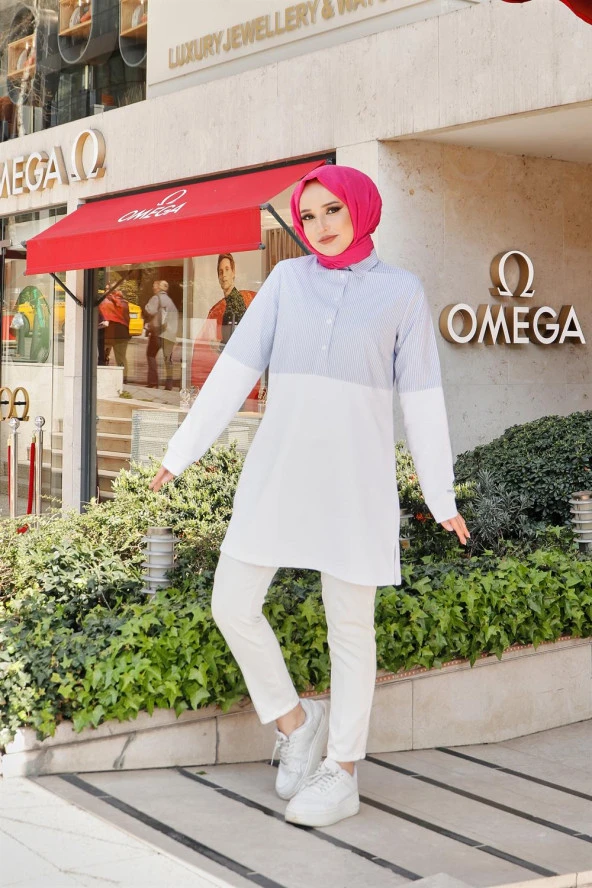 Gusto Gömlek Geçişli İki Renk Sade Çizgili Sweatshirt - 71089.002 - Beyaz