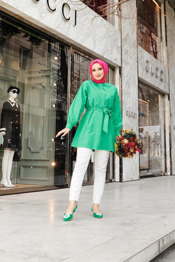 Düşes Kuşak Detaylı Belden Bağlamalı Uzun Gömlek - 71090.111 - Benetton Yeşil - 3